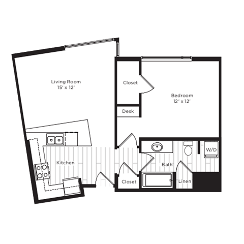 Floor plan for 1 bed, 1 bath, 685 sqft